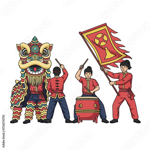 Illustration of a Chinese lion dance performance with performers, a lion costume, a drummer, and a flag bearer.