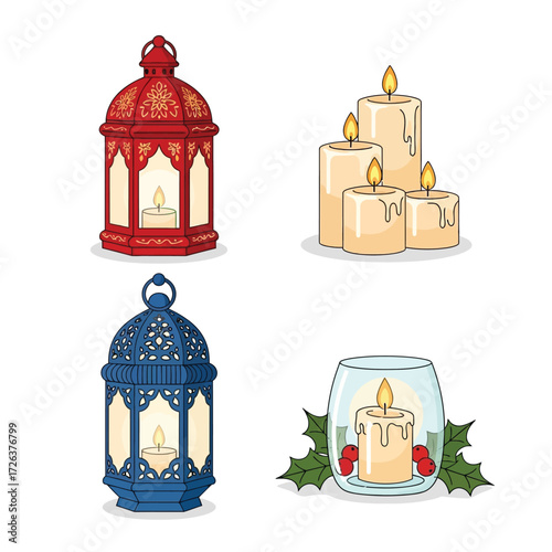 A collection of illustrated lanterns and candles, each emitting a warm, inviting glow.