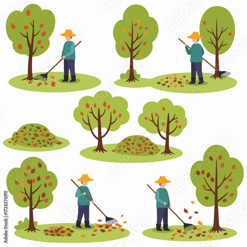 Vector illustration set: person raking autumn leaves under trees, gathering fallen foliage into neat piles during fall season garden cleanup.