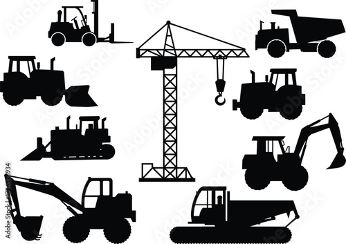 Silhouette vector illustration of construction vehicles, crane, excavators, bulldozers, tractors, dump trucks, and forklifts for industrial, engineering, transportation, and building projects