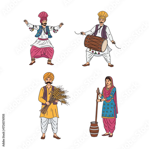 Four illustrations depicting traditional Punjabi culture: a dancer, a drummer, a farmer with wheat, and a woman churning butter.
