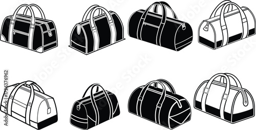 Collection of hand-drawn duffle bags and gym bags featuring various designs and styles isolated on transparent background