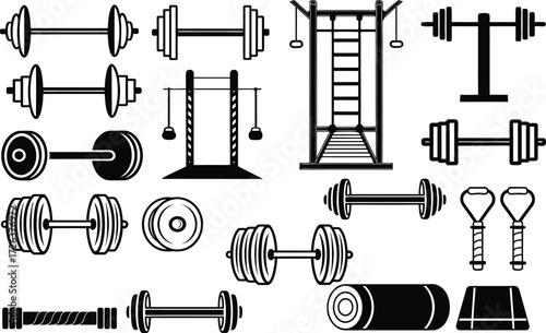 Collection of gym equipment dumbbells barbells and weightlifting gear for fitness enthusiasts isolated on transparent background