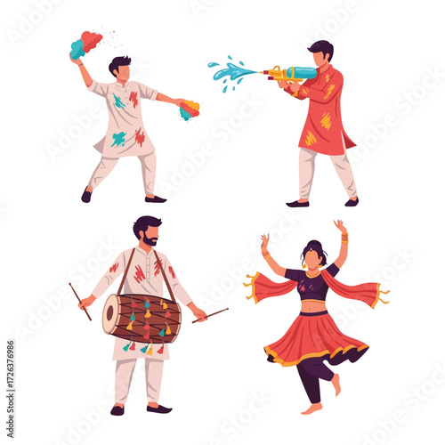 Four illustrations depicting people celebrating Holi festival with colors, water guns, music and dancing.