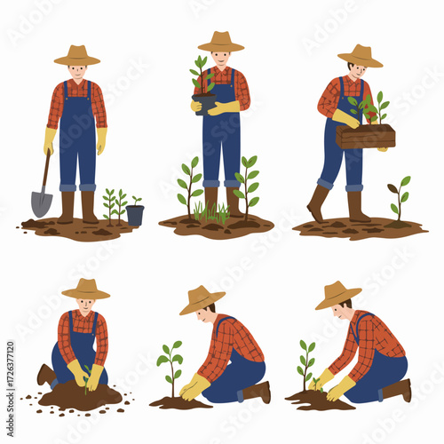 Illustrations depicting a farmer or gardener planting seedlings and young trees, showcasing the step-by-step process of cultivation and environmental care.