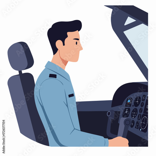 Flat illustration of a male pilot in a light blue uniform sitting in an airplane cockpit, holding the controls with instruments visible, ready for flight.