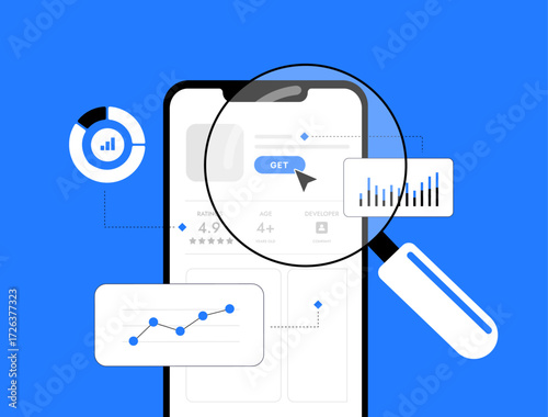 Mobile app optimization ASO to increase downloads, revenue and conversions, with improved app name, keywords, ratings, purchases and updates to reach global audience, vector illustration
