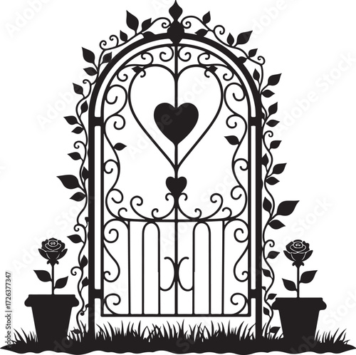 Black silhouette ornate garden gate with heart and roses