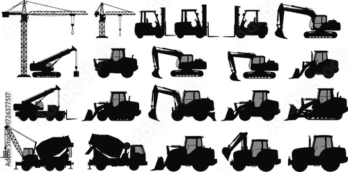 Construction vehicles and cranes silhouettes set, heavy machinery equipment vector illustration, industrial truck and excavator icons for building, architecture, engineering, infrastructure projects 