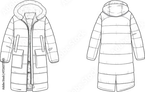 Long winter parka coat illustration, padded puffer jacket with hood, fashion outerwear design template, warm clothing mockup, stylish coat drawing