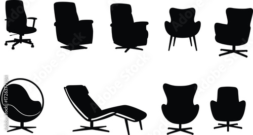 Modern chair silhouettes vector set, office and lounge seating collection, recliner and swivel furniture icons, interior decor black simple graphic design
