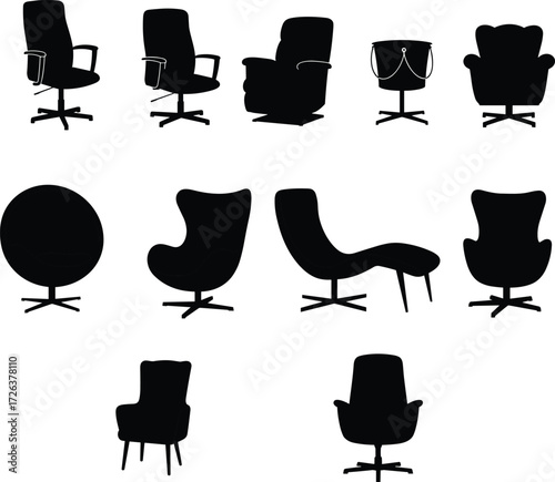 Modern armchair silhouettes collection, office chair vector set, recliner and lounge furniture icons, interior decor graphic design, black simple seating illustration