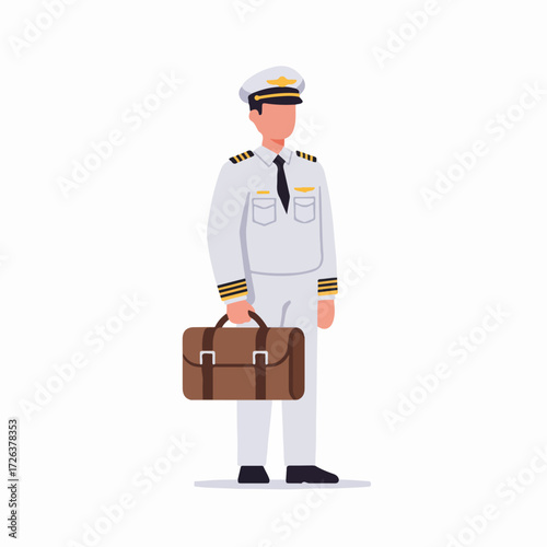 Confident male airline pilot in full uniform, holding a briefcase, standing against a clean white background. Flat vector illustration of a professional aviator.