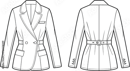 Women blazer jacket front and back technical drawing, fashion coat template, tailored clothing design, vector garment sketch, stylish apparel outline