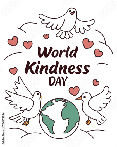 World kindness day illustration with doves, hearts, and globe, celebrating global peace and compassion