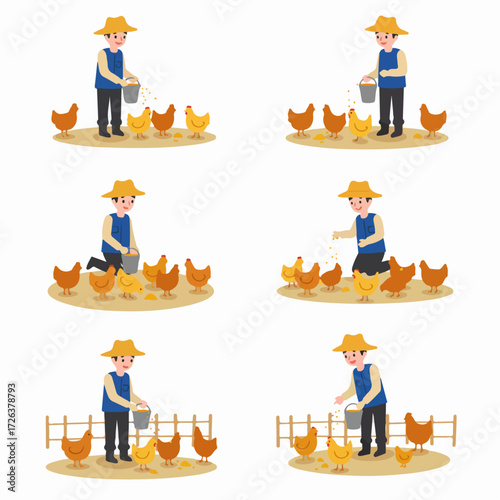 Cartoon illustration of a male farmer in a hat feeding a flock of chickens, depicting various actions and scenes of daily farm life.