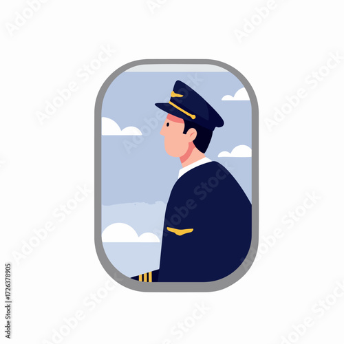 Professional airline pilot in uniform, viewed in profile through an airplane window, gazing at the blue sky and fluffy white clouds during flight.