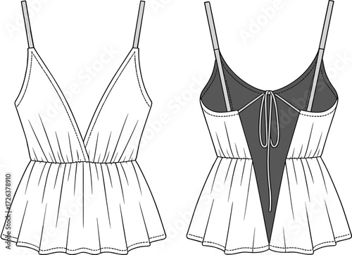 Women camisole blouse fashion flat sketch, strappy summer top technical drawing, stylish clothing template, trendy apparel design outline, garment vector illustration