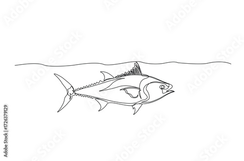 Tuna fish in continuous one line drawing. Single line art illustration of tuna fish. Editable vector.