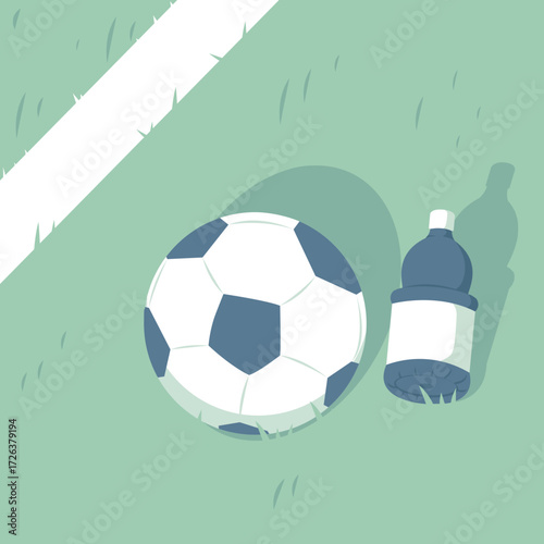 Soccer ball and water bottle on pastel green field with white line suggesting calm sporty atmosphere and essential gear for training or match in a soft minimalist illustration