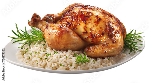 Roasted chicken with rice and rosemary isolated on transparent background