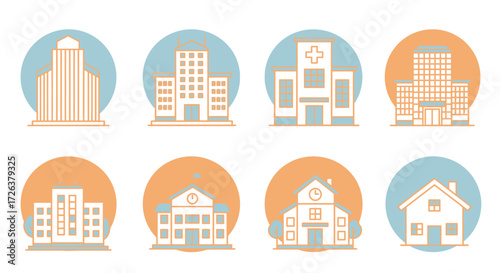 Architectural Icons A Set of Illustrations Depicting Various Buildings in a Clean, Modern Style