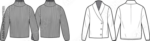 Technical fashion sketch, front and back view, ribbed knit sweater, tailored jacket, shawl collar, minimalist design, garment construction, apparel blueprint