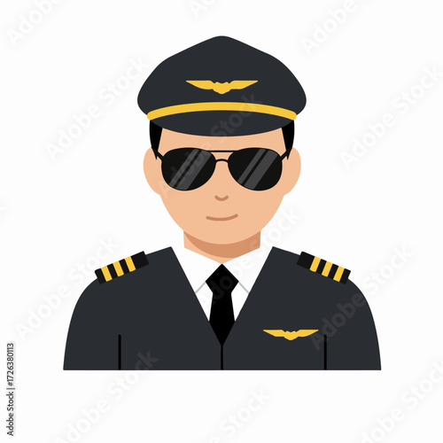Professional airline captain illustration with uniform, cap, and sunglasses, depicting a career in aviation and flight.