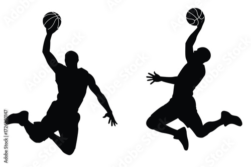 Dynamic basketball players mid-air slam dunk action silhouette graphic dynamic sports silhouette