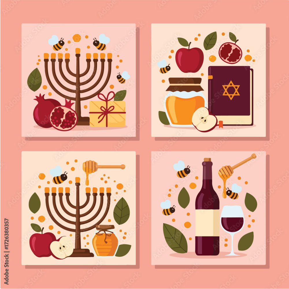 Fototapeta premium Rosh Hashanah holiday symbols: menorah, honey, apple, pomegranate, wine, book.