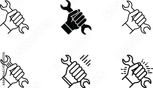 Six Icons of a Hand Holding a Wrench