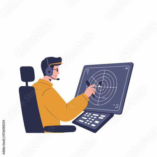 Professional operator in a control room, wearing a headset and glasses, diligently monitoring a radar screen and interacting with the display.