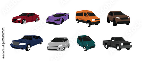Flat vector set of colorful cars. Sedan, hyper, van, suv, limousine, hatchback, mini car, and pickup. Vector geometric illustration.