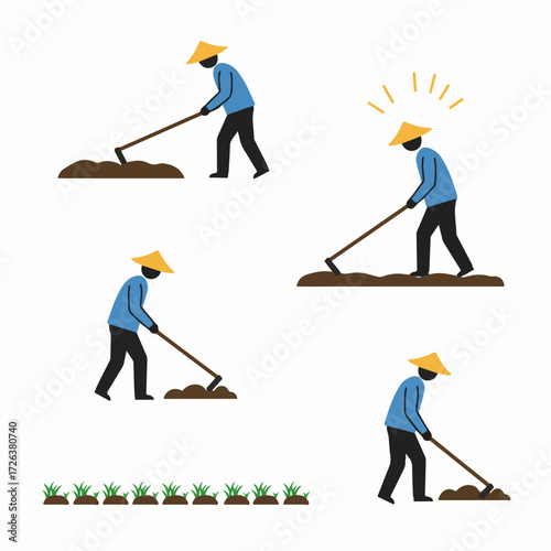 Simple icon set depicting a farmer wearing a conical hat, diligently tilling soil with a hoe, showcasing agricultural work and cultivation.
