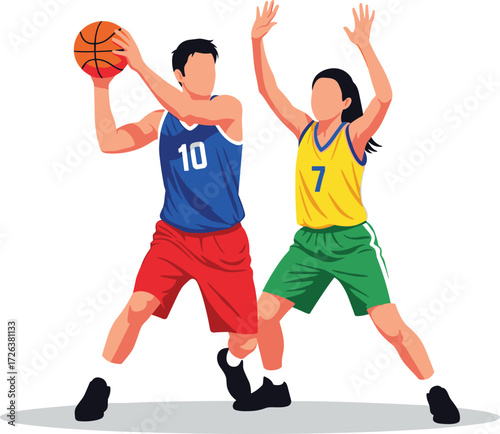 Cartoon Lifestyle Icons Featuring Basketball Players in Offensive and Defensive Poses, Energetic Mood, Sports Theme, and Competitive Play Scene