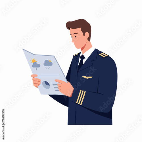 Male pilot in uniform meticulously reviewing a flight weather report and briefing document, preparing for a safe journey, isolated on a white background, professional aviation career.