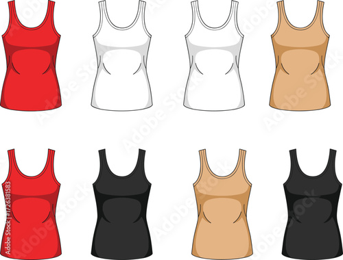Women tank top template front and back view, vector sleeveless shirt design mockup, casual fitness clothing fashion apparel illustration