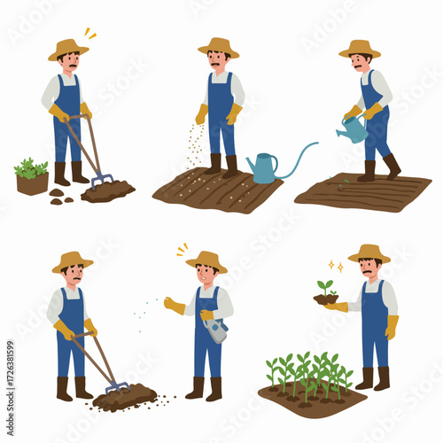 A cartoon farmer illustrates the step-by-step process of planting and cultivating crops, from tilling the soil to transplanting healthy seedlings.