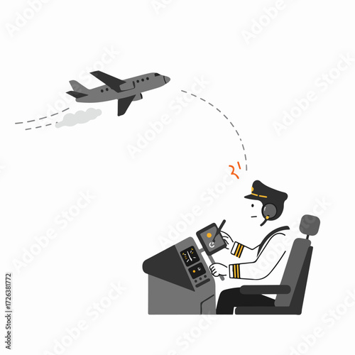 Concerned pilot in cockpit illustration, with a plane flying away, symbolizing flight control issues or unexpected aviation problems.