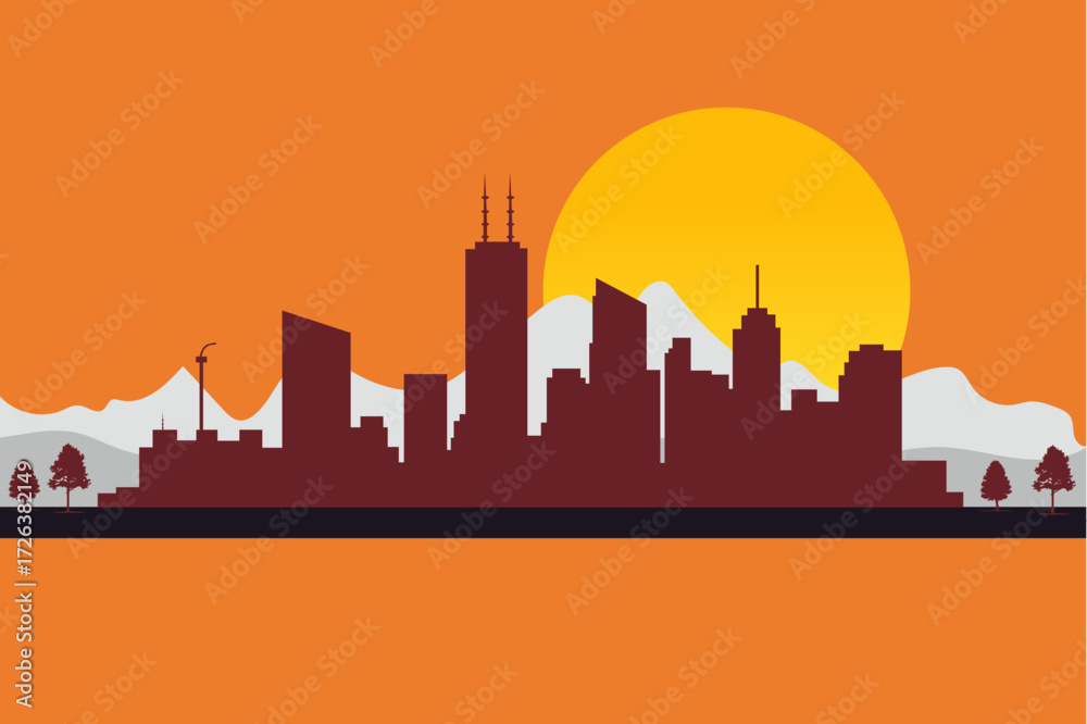 Naklejka premium City Skyline Silhouette Against the Sunset: A tranquil cityscape, with towering buildings outlined against a vibrant sunset, evokes a sense of peace and the dynamism of urban life.