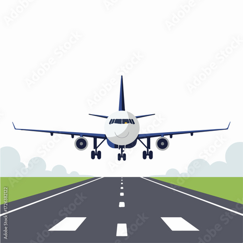Blue and white commercial passenger jet airplane landing on an airport runway with landing gear extended, flat vector illustration.