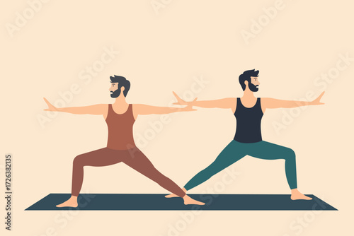 Balance and Harmony in Yoga: Two men practice the warrior pose together on a yoga mat, embodying strength, balance, and inner peace in a minimalist art style.