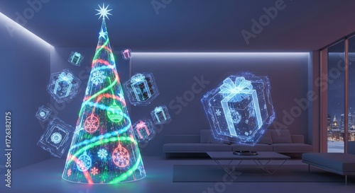 Futuristic holographic christmas tree with ornaments and gifts isolated on white background