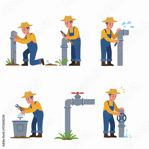 Farmer performing essential water pipe maintenance and irrigation system repairs, showcasing various plumbing tasks in agriculture.
