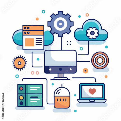 Connected technology showcasing networking solutions, data transfer, and cloud computing integration for modern digital environments, originally vector graphics