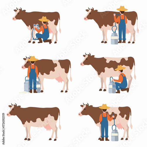Dairy farming process illustrations: farmer milking cows manually and with a machine, alongside standing dairy cattle graphics.