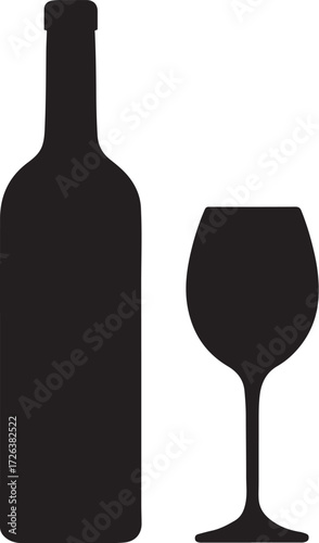 PrintBlack silhouette of a wine bottle and wine glass on a light background