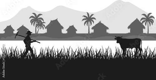 Rural Silhouette: A serene grayscale illustration captures the silhouette of a farmer and his cattle against a backdrop of traditional huts and scenic mountains, evoking a sense of rustic life.