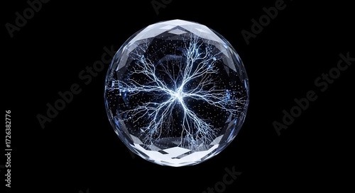 Multifaceted Crystal Ball with Bright Internal Lightning on Black Background