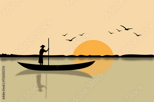 Serene Sunset Silhouette: A silhouette of a lone boatman navigating a tranquil body of water during sunset, a flock of birds soaring overhead against a vivid, calming sky